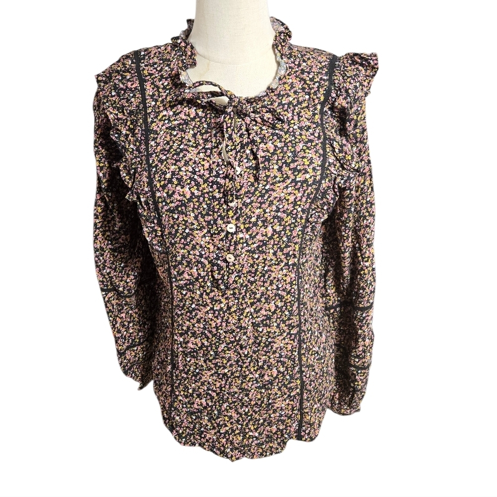Fat Face Black Floral Ruffled Tie Neck Shirt